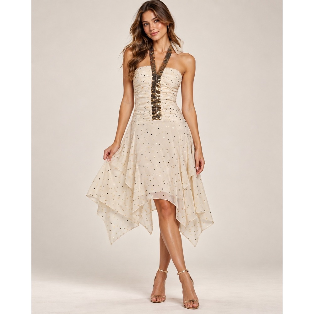 Taboo Womens Halter Dress Cream Gold Sequin Handkerchief Hem Size L y2k